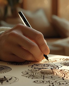 Eine Hand zeichnet in einer gemütlichen Umgebung Zentangle Formen auf ein Papier