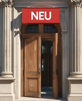 Eine Tür an einem öffentlichen Gebäude steht offen, darüber ein rotes Schild mit dem Wort "NEU"