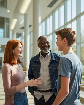 Eine diverse Personengruppe diskutiert in positiver Stimmung.